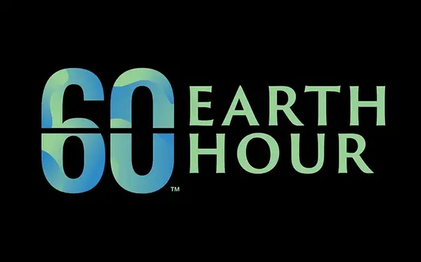 Logotyp för Earth Hour, svart bakgrund och grön/blå text som säger 60 Earth hour