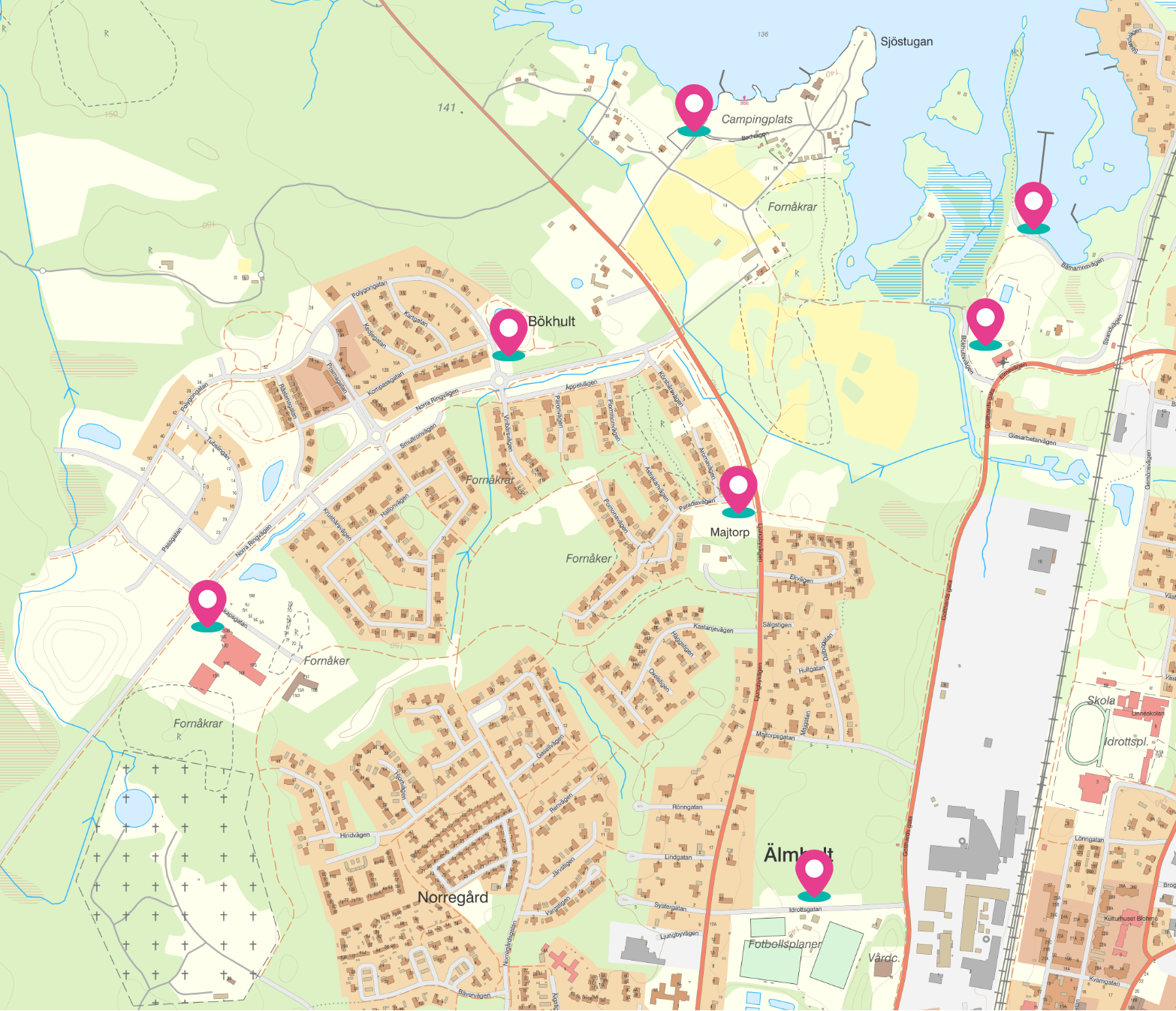 Karta med rosa markeringar för parkering