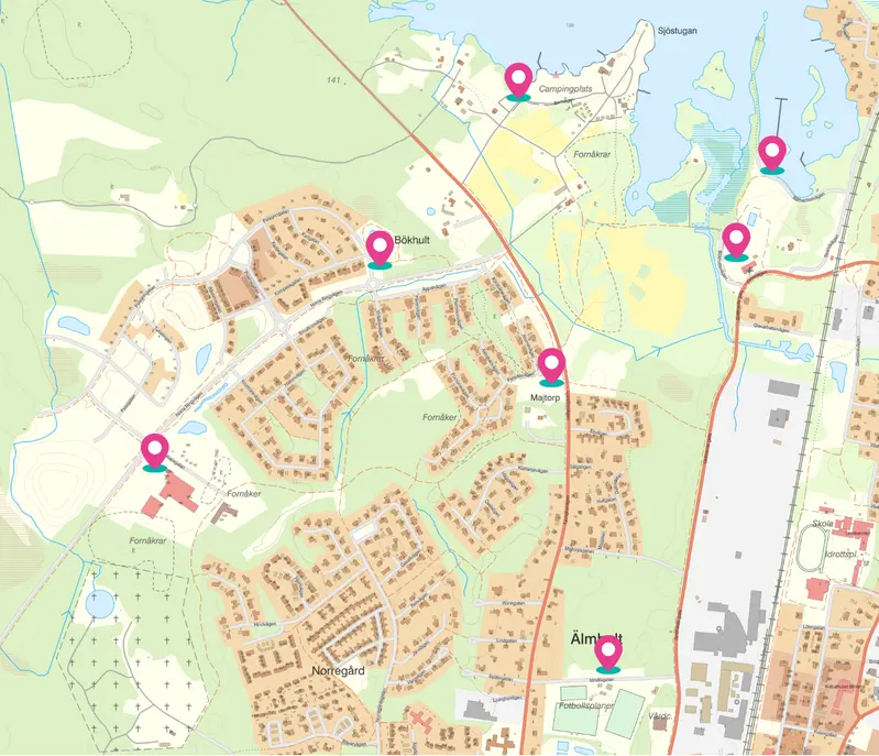 Karta med rosa markeringar för parkering